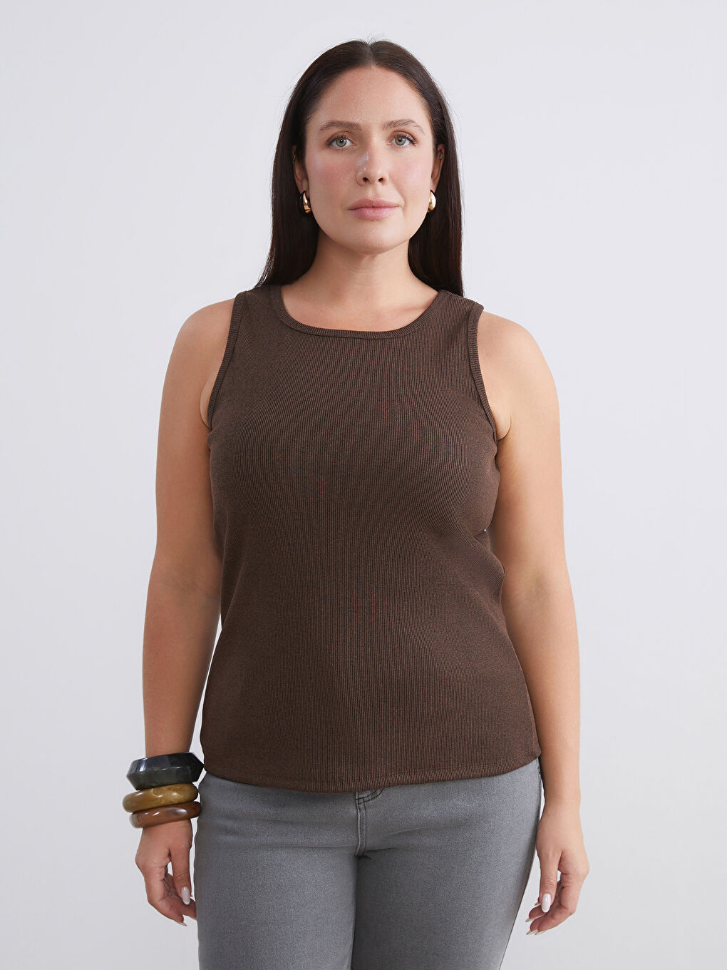 Bej Büyük Beden Bisiklet Yaka Kadın Atlet 2'li-2