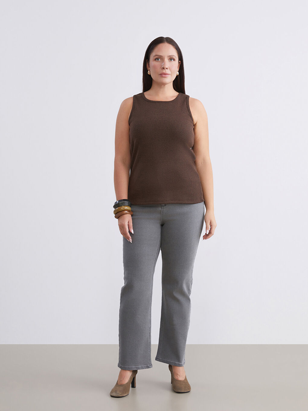 Bej Büyük Beden Bisiklet Yaka Kadın Atlet 2'li-3