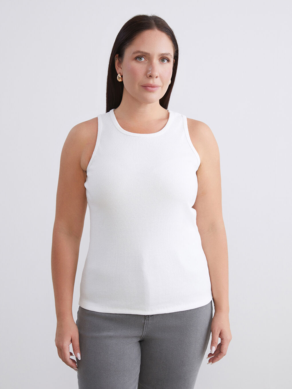 Beyaz Büyük Beden Bisiklet Yaka Kadın Atlet 2'li-1