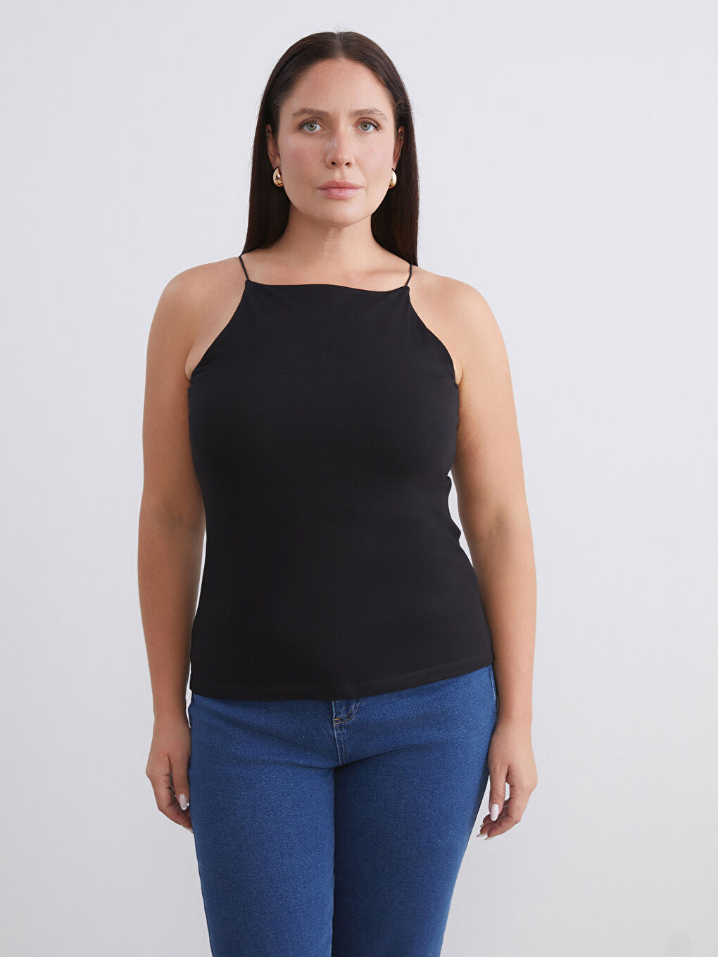 Siyah Büyük Beden Halter Yaka Kadın Atlet 2'li-1