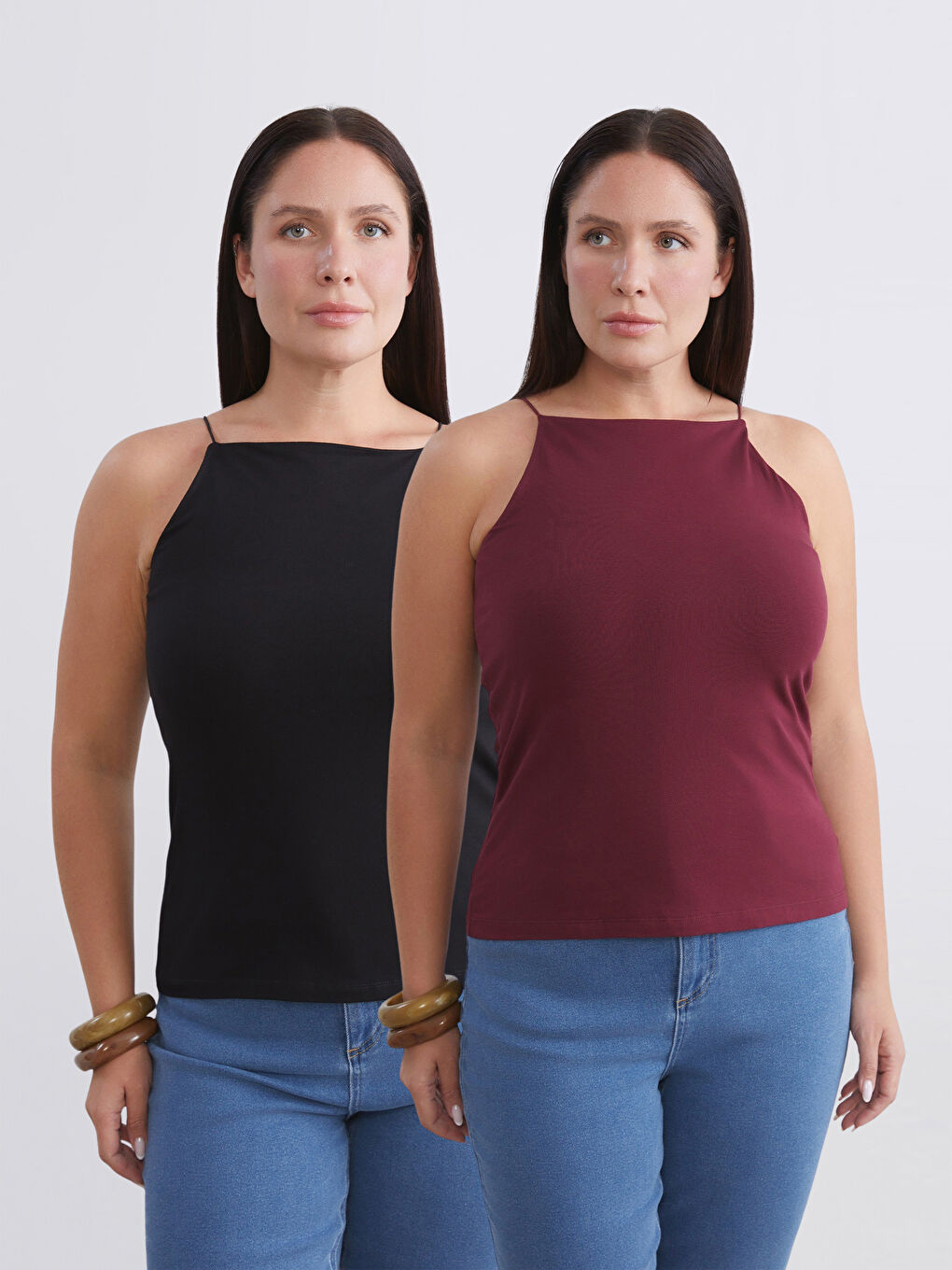 Bordo Büyük Beden Halter Yaka Kadın Atlet 2'li