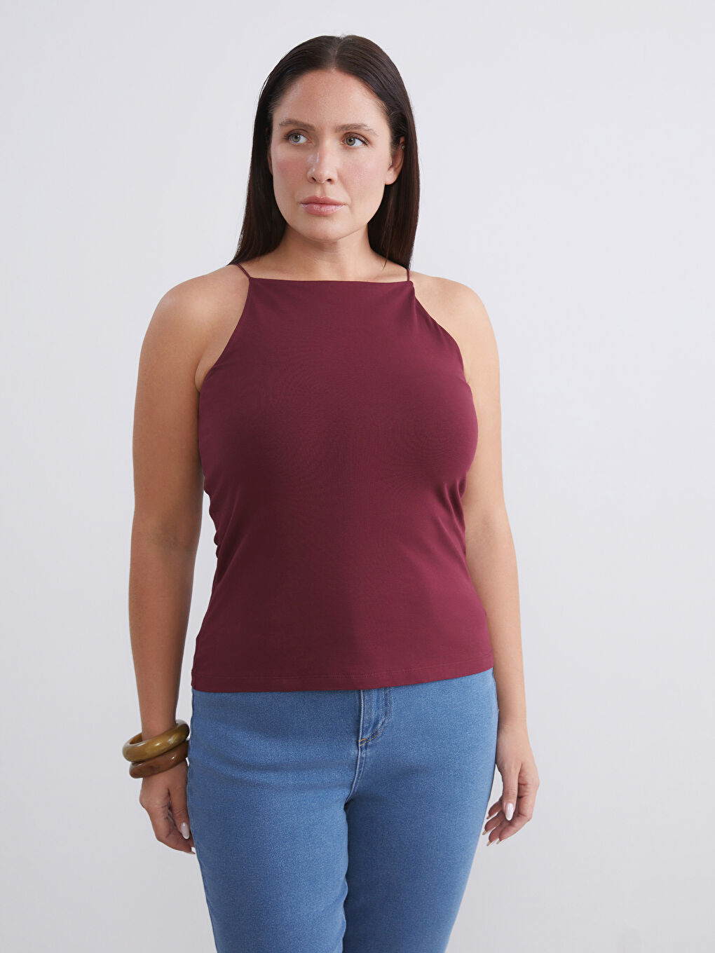 Bordo Büyük Beden Halter Yaka Kadın Atlet 2'li-2