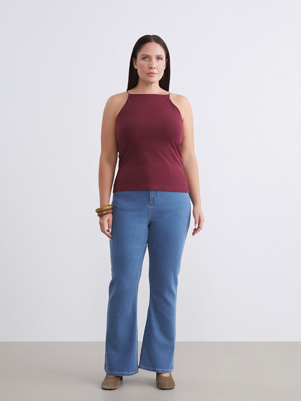 Bordo Büyük Beden Halter Yaka Kadın Atlet 2'li-3