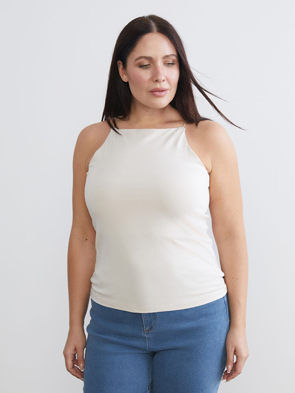 Bej Büyük Beden Halter Yaka Kadın Atlet 2'li-1