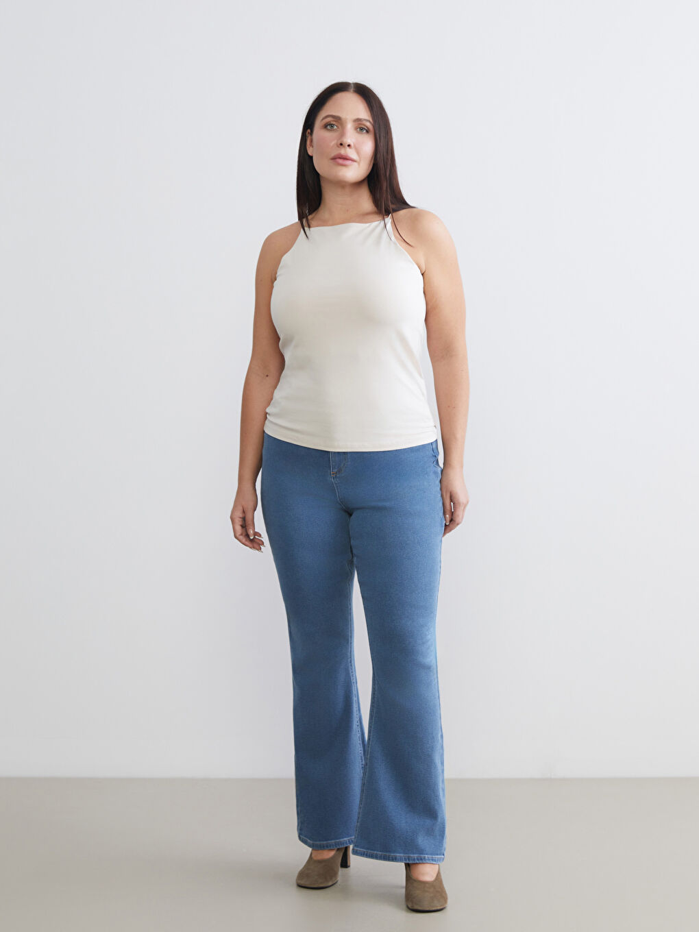 Bej Büyük Beden Halter Yaka Kadın Atlet 2'li-3