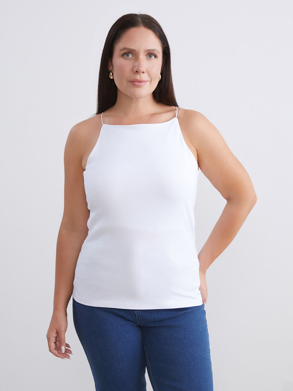 Beyaz Büyük Beden Halter Yaka Kadın Atlet 2'li-1