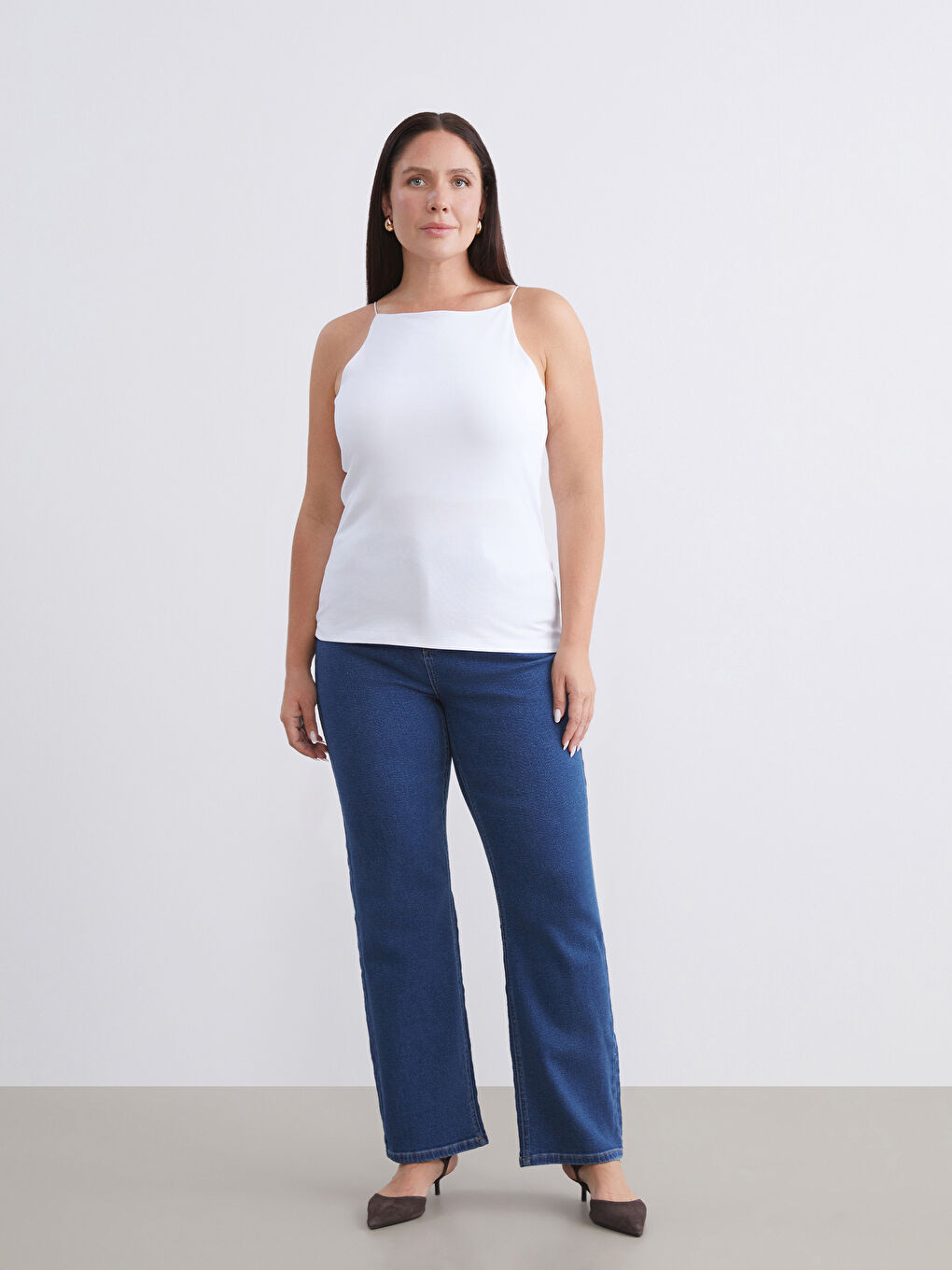 Beyaz Büyük Beden Halter Yaka Kadın Atlet 2'li-3