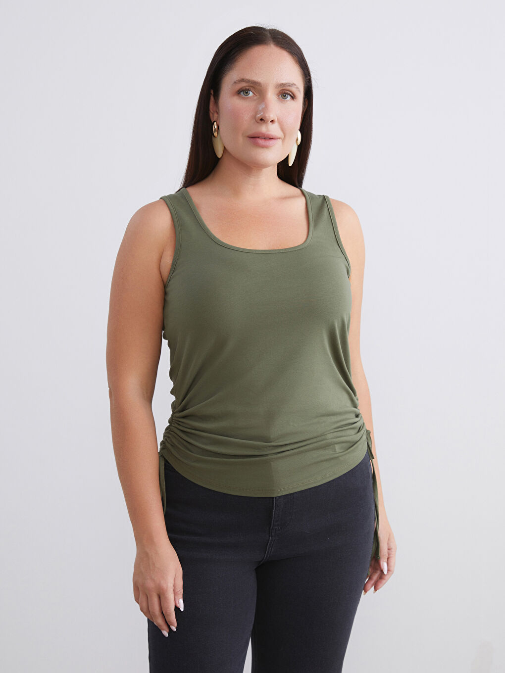 Haki Büyük Beden Kare Yaka Büzgülü Kadın Atlet 2'li-1