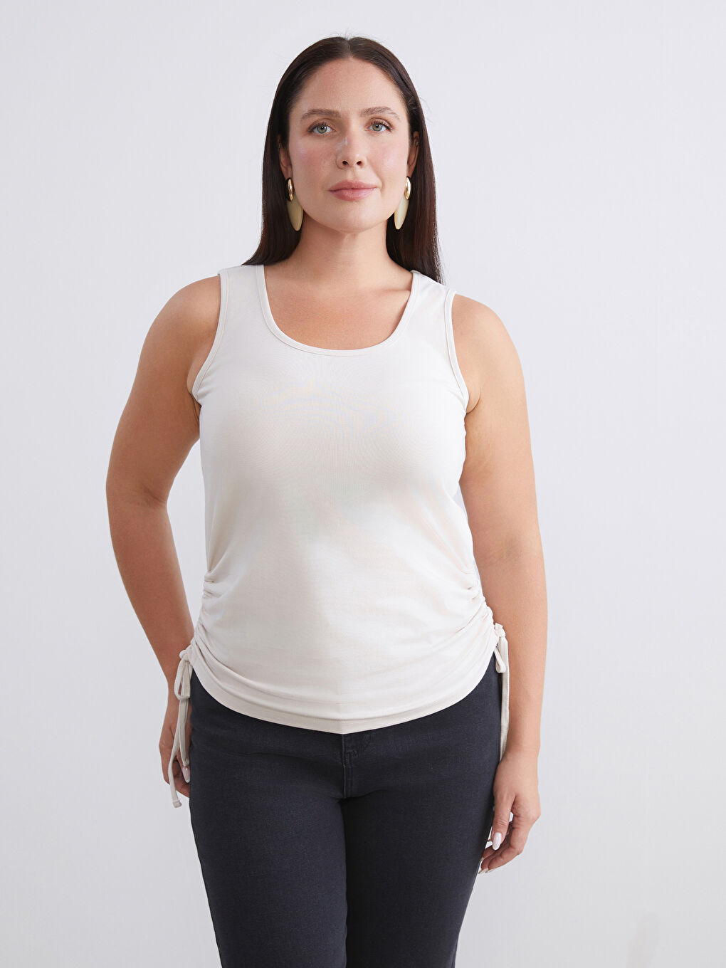 Haki Büyük Beden Kare Yaka Büzgülü Kadın Atlet 2'li-2