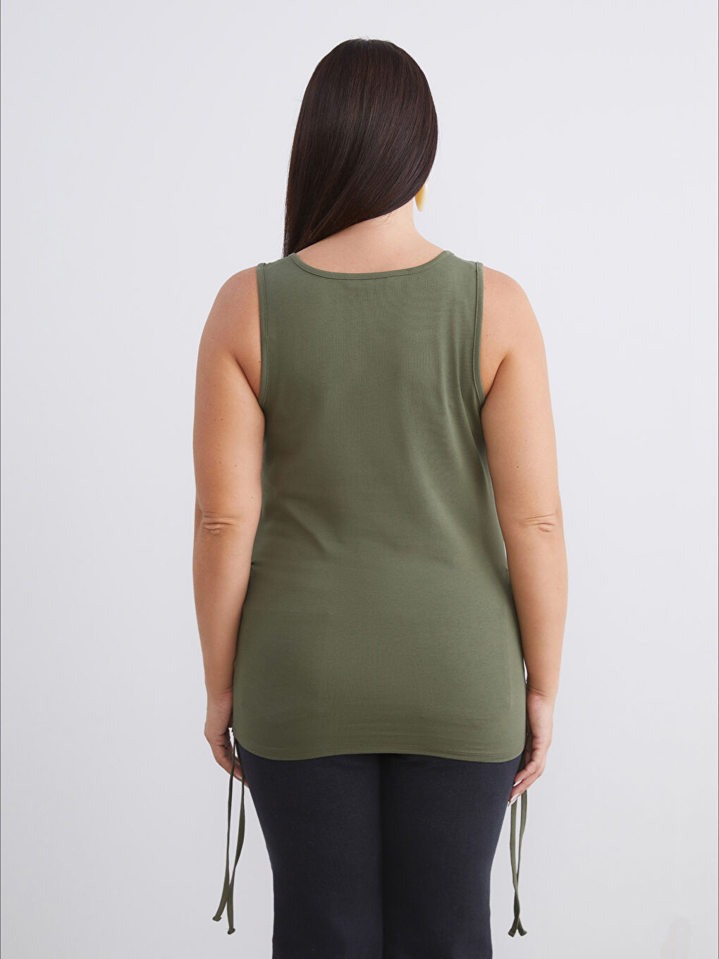 Haki Büyük Beden Kare Yaka Büzgülü Kadın Atlet 2'li-7