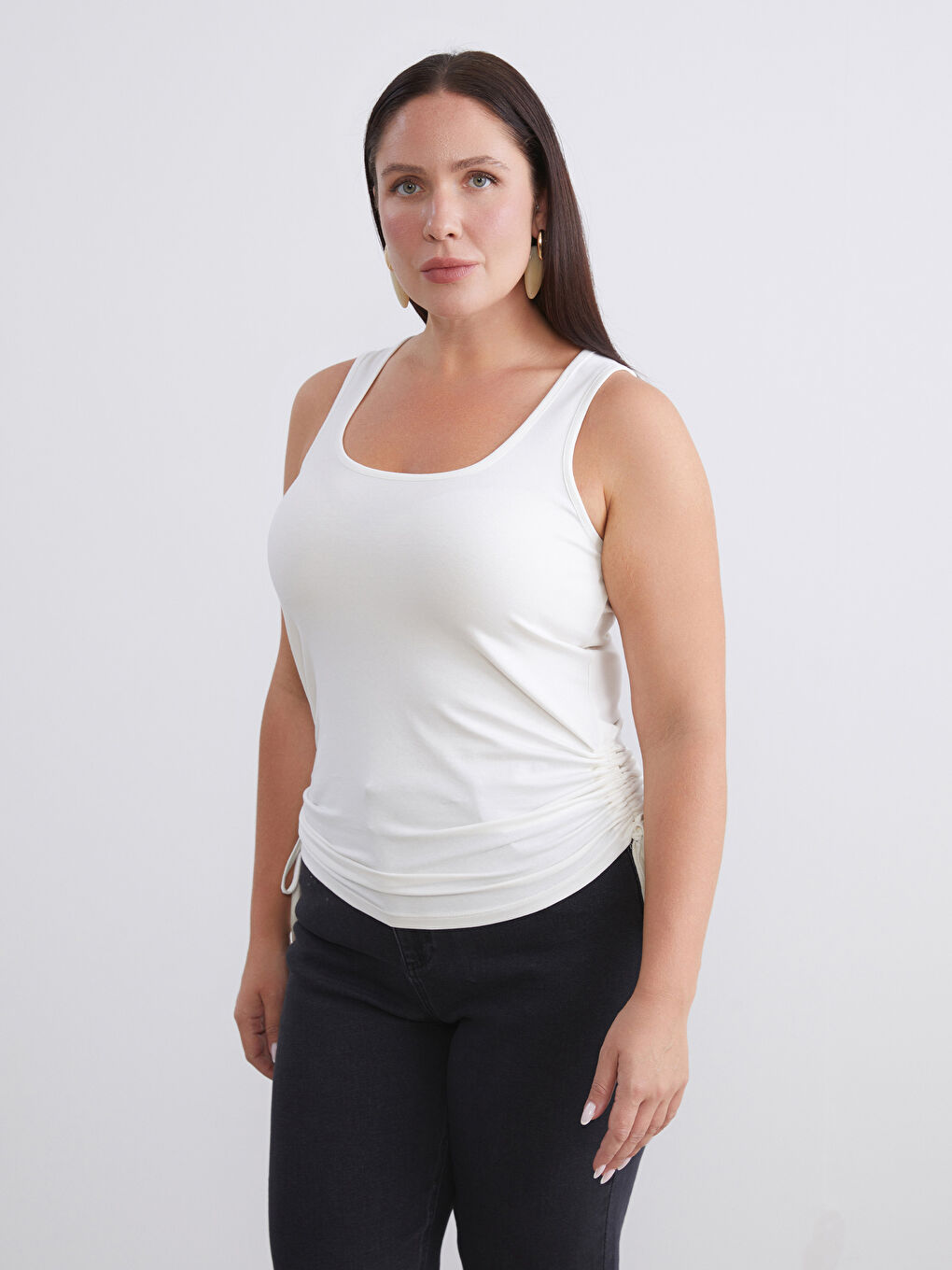 Siyah Büyük Beden Kare Yaka Büzgülü Kadın Atlet 2'li-1