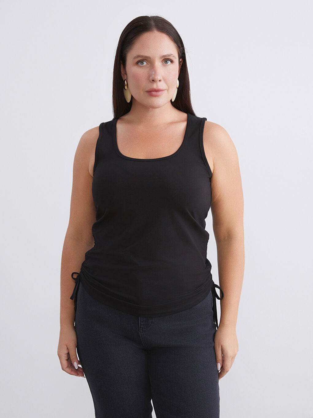 Siyah Büyük Beden Kare Yaka Büzgülü Kadın Atlet 2'li-2