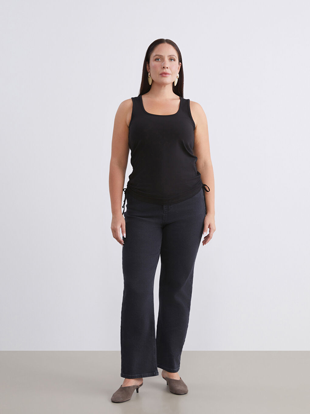 Siyah Büyük Beden Kare Yaka Büzgülü Kadın Atlet 2'li-3