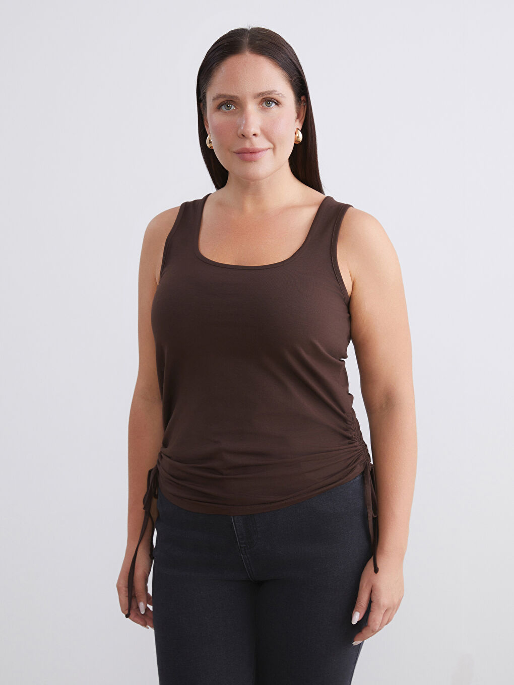 Bordo Büyük Beden Kare Yaka Büzgülü Kadın Atlet 2'li-1