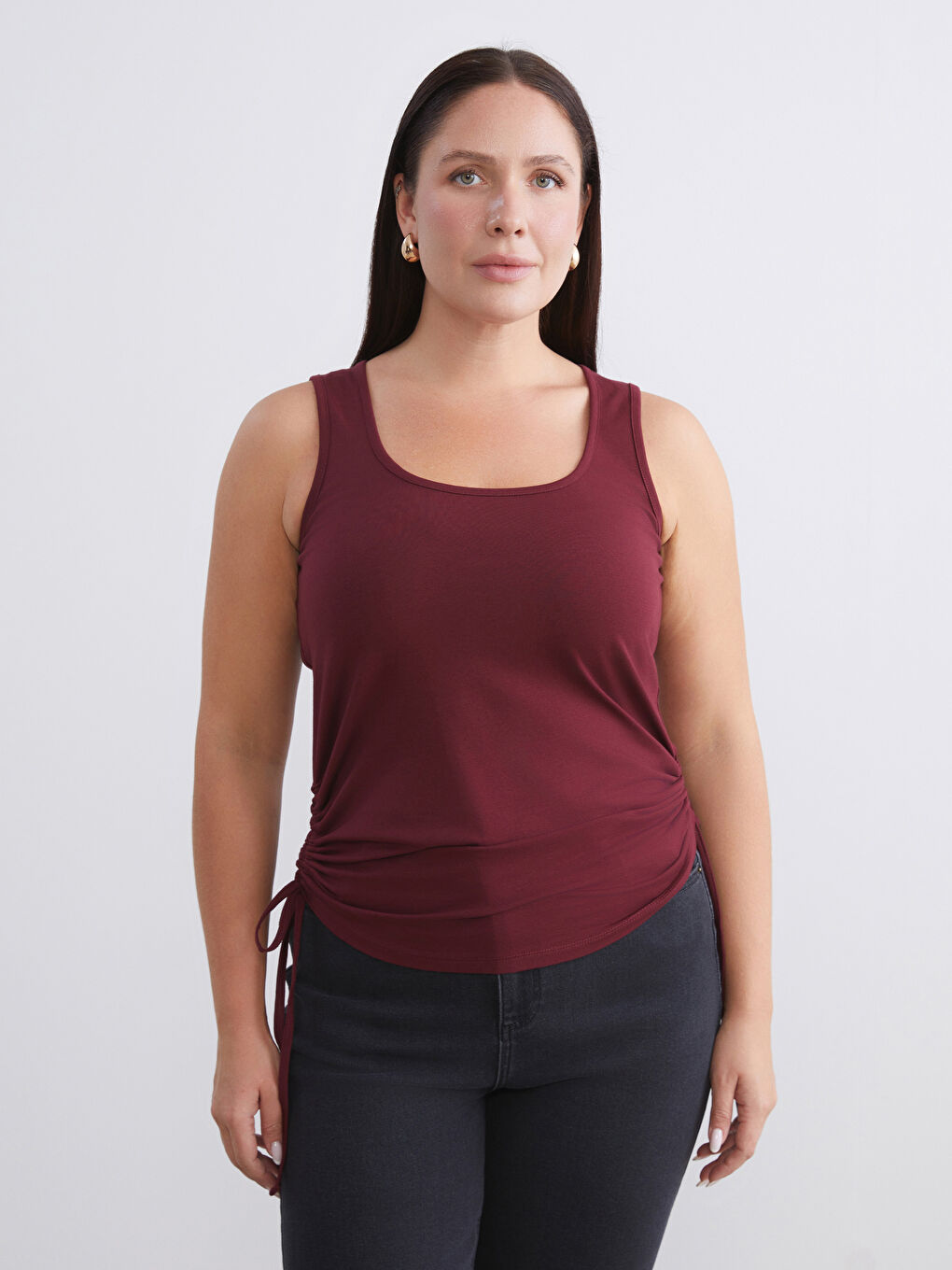 Bordo Büyük Beden Kare Yaka Büzgülü Kadın Atlet 2'li-2