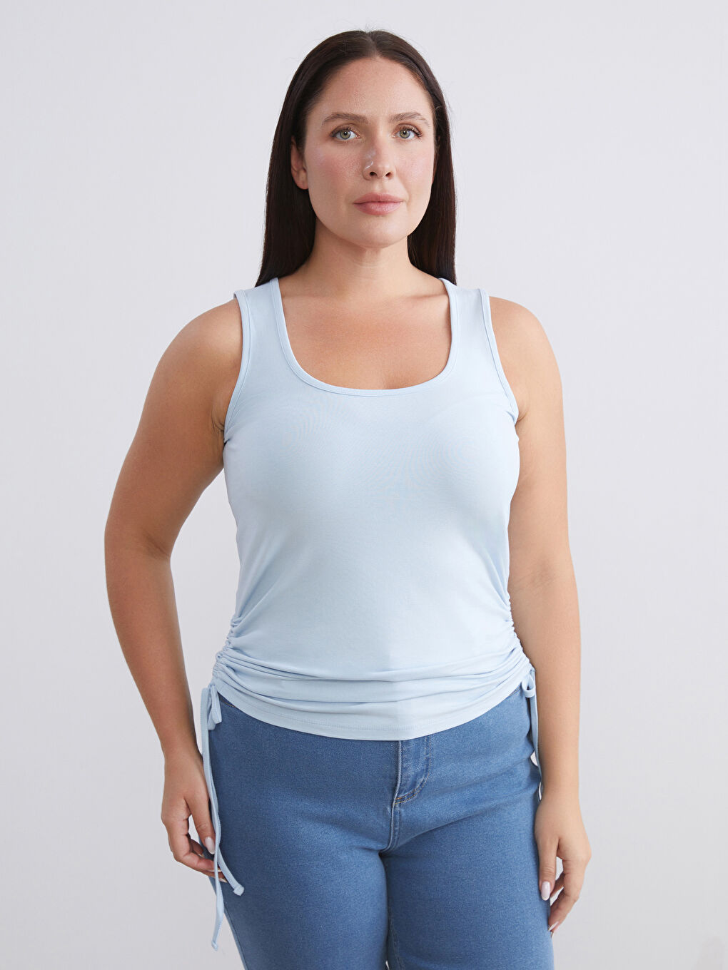 Sarı Büyük Beden Kare Yaka Büzgülü Kadın Atlet 2'li-1