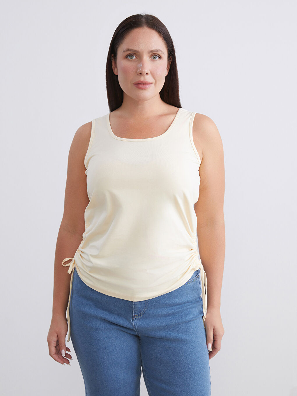 Sarı Büyük Beden Kare Yaka Büzgülü Kadın Atlet 2'li-2