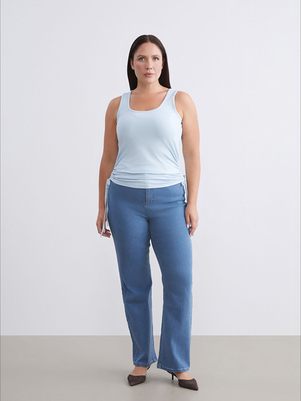 Sarı Büyük Beden Kare Yaka Büzgülü Kadın Atlet 2'li-3