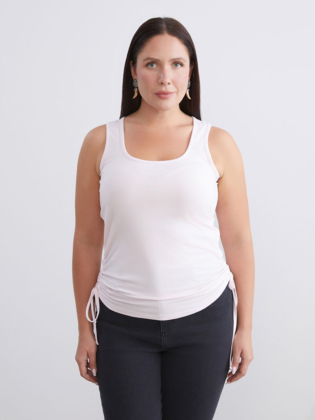 Pembe Büyük Beden Kare Yaka Büzgülü Kadın Atlet 2'li-1