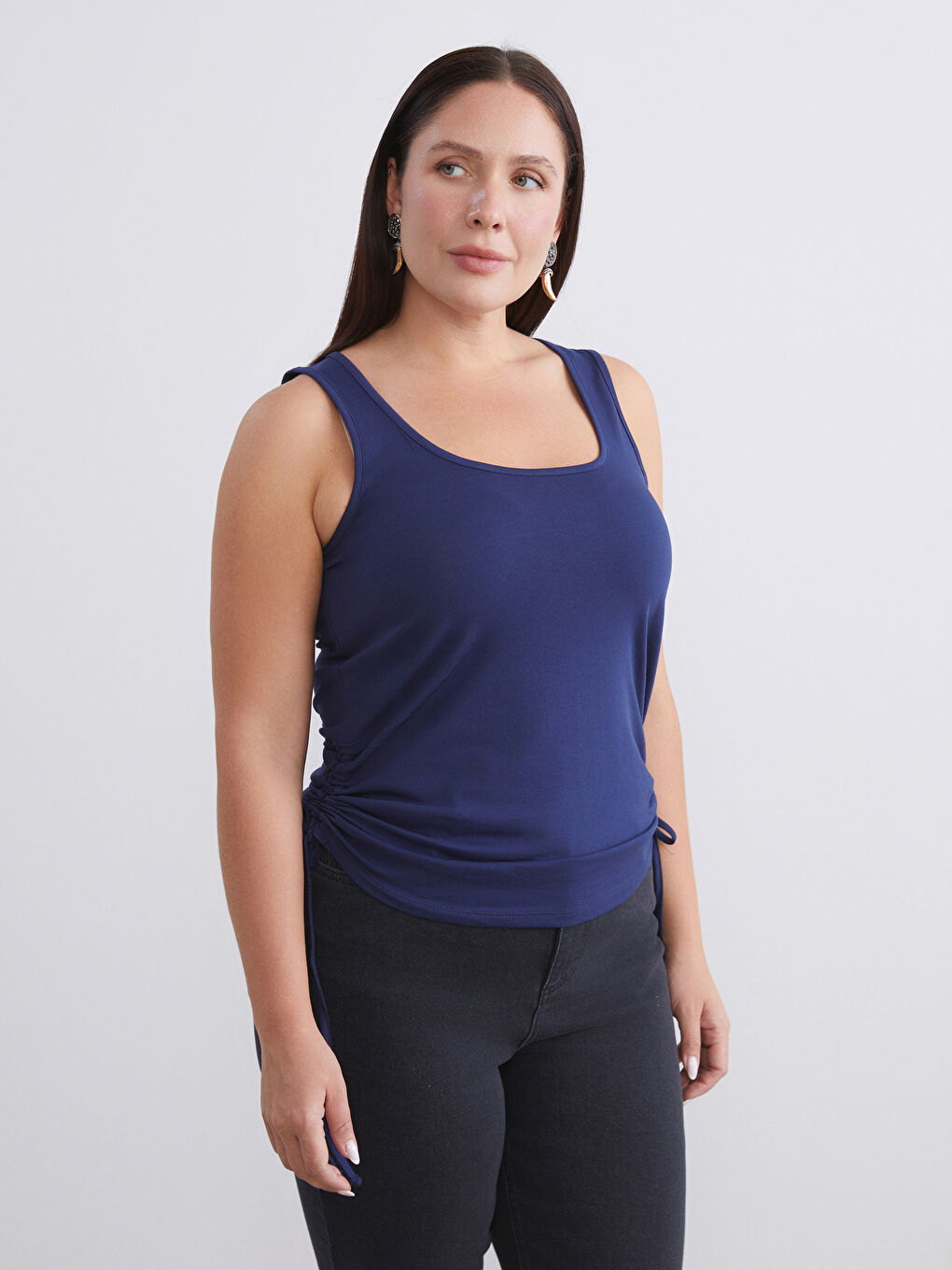 Pembe Büyük Beden Kare Yaka Büzgülü Kadın Atlet 2'li-2