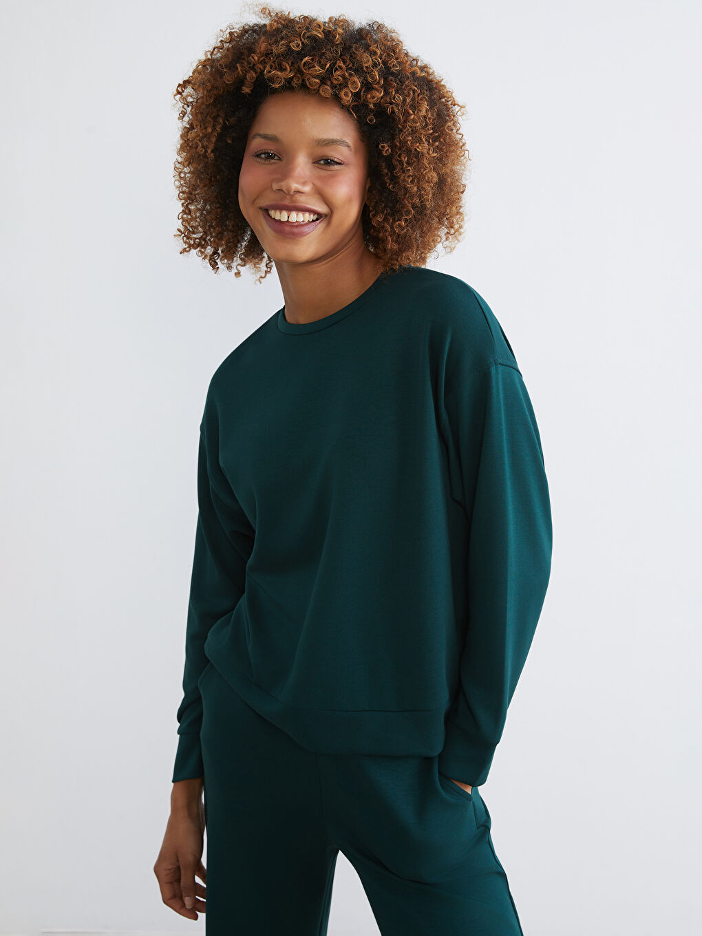 Yeşil Bisiklet Yaka Oversize Kadın Sweatshirt