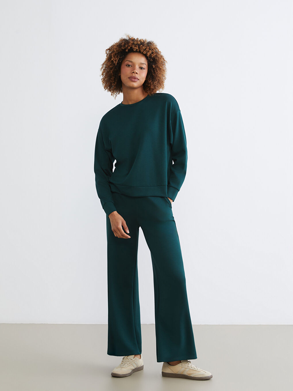 Yeşil Bisiklet Yaka Oversize Kadın Sweatshirt-1