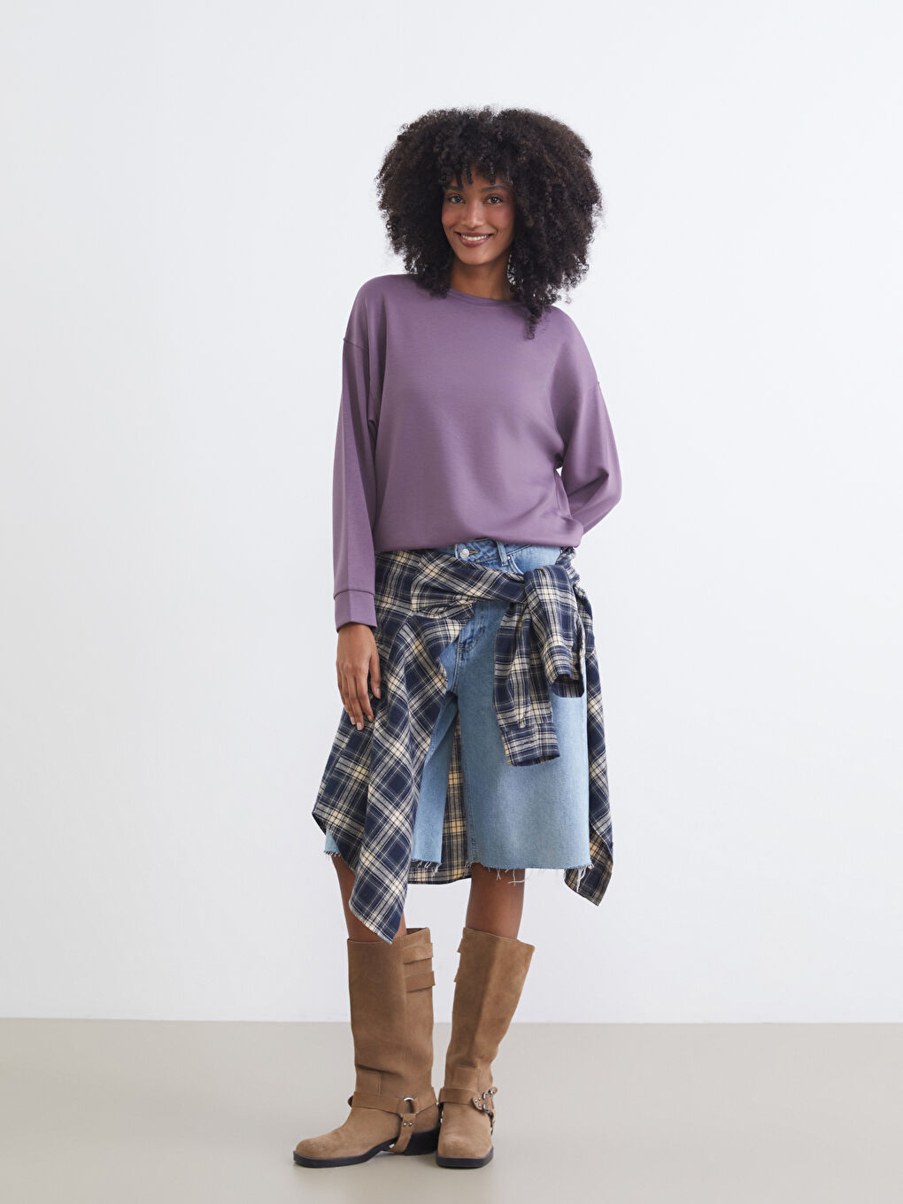 Mor Bisiklet Yaka Oversize Kadın Sweatshirt-1