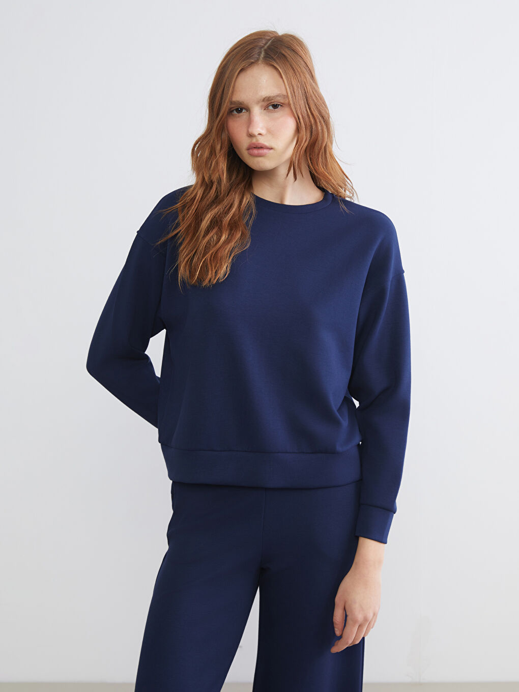 Lacivert Bisiklet Yaka Oversize Kadın Sweatshirt