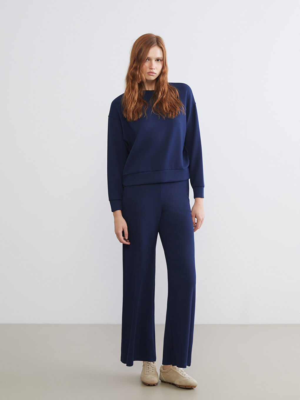 Lacivert Bisiklet Yaka Oversize Kadın Sweatshirt-1