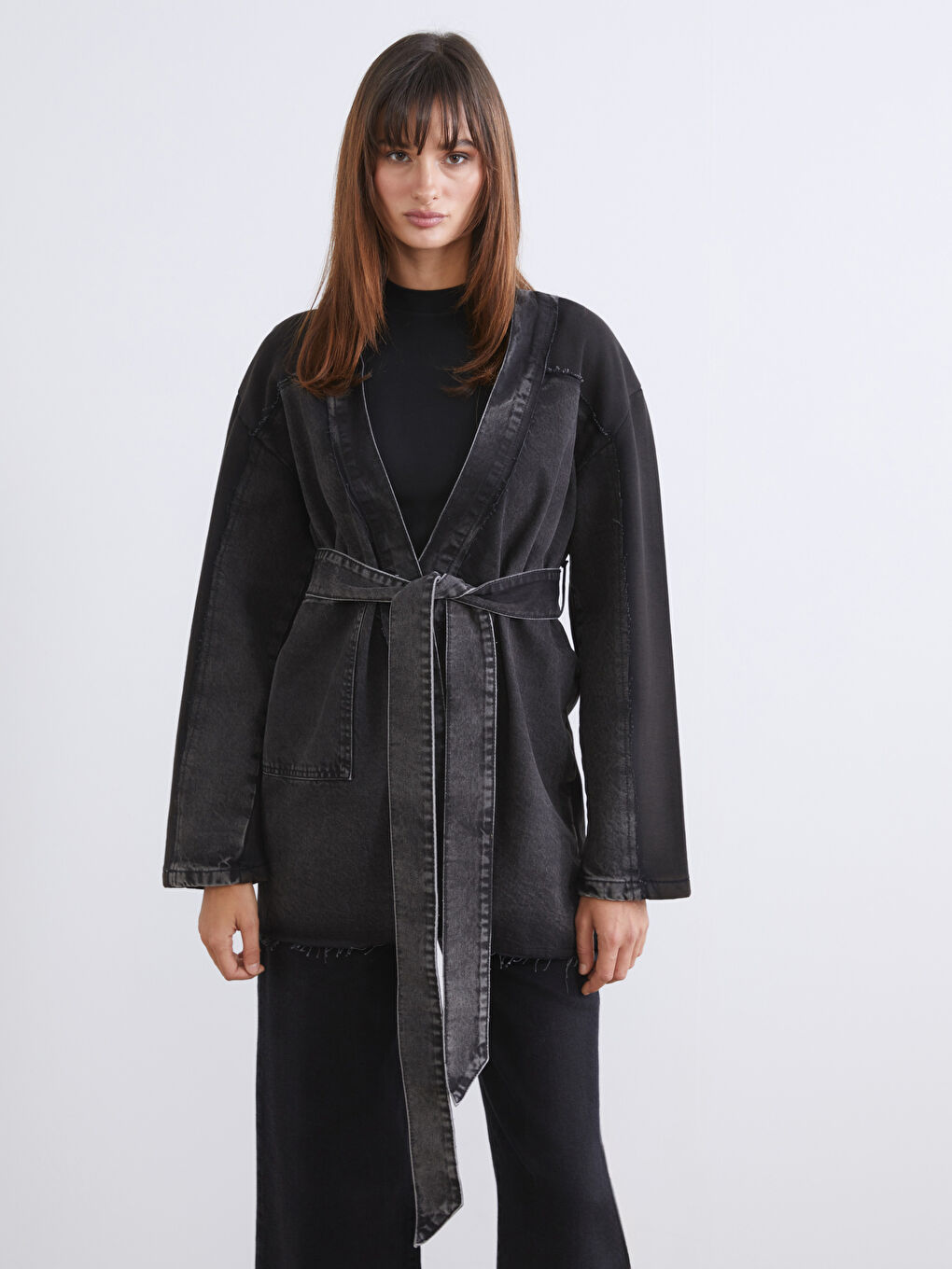 Siyah Şal Yaka Oversize Kadın Jean Ceket