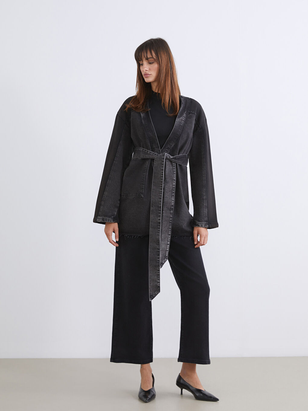 Siyah Şal Yaka Oversize Kadın Jean Ceket-1