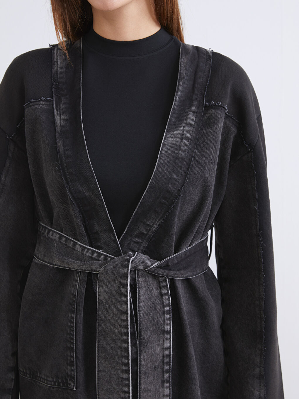 Siyah Şal Yaka Oversize Kadın Jean Ceket-2