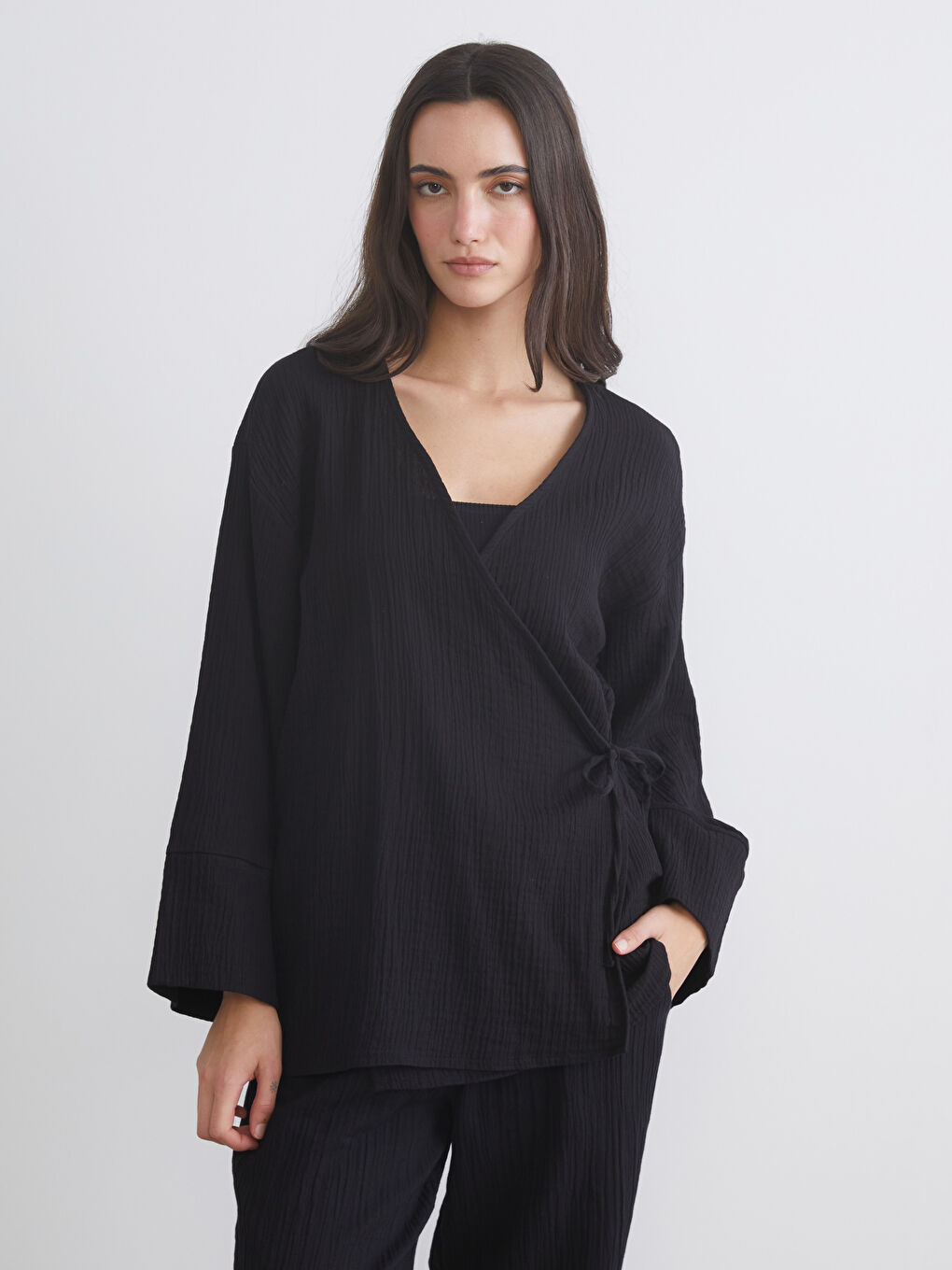 Double Breasted Textured Women's Kimono-1