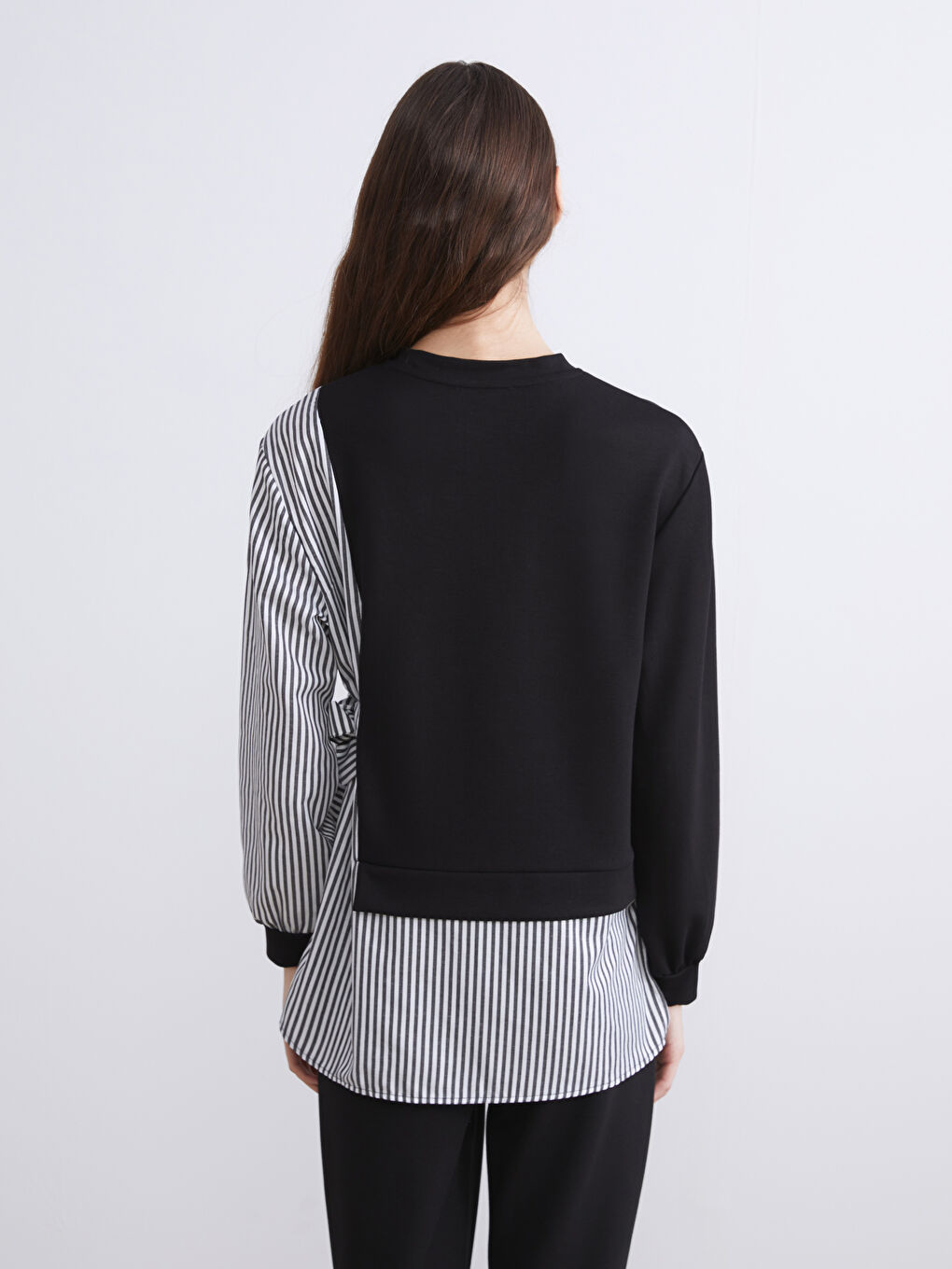 Siyah Bisiklet Yaka Çizgili Kadın Sweatshirt Tunik-2