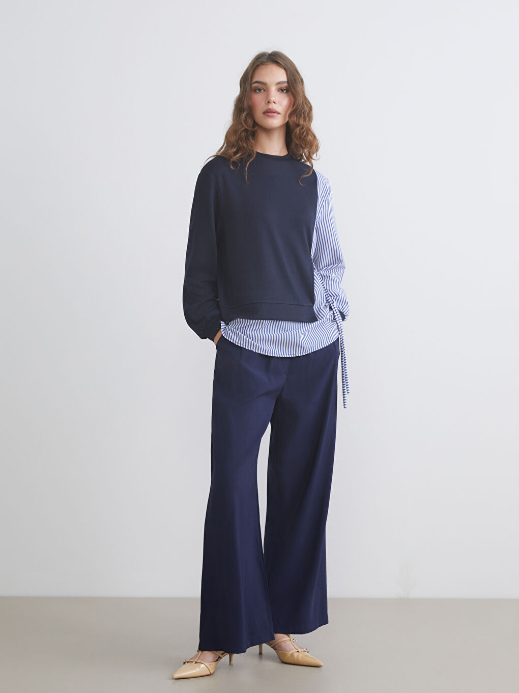 Lacivert Bisiklet Yaka Çizgili Kadın Sweatshirt Tunik-1