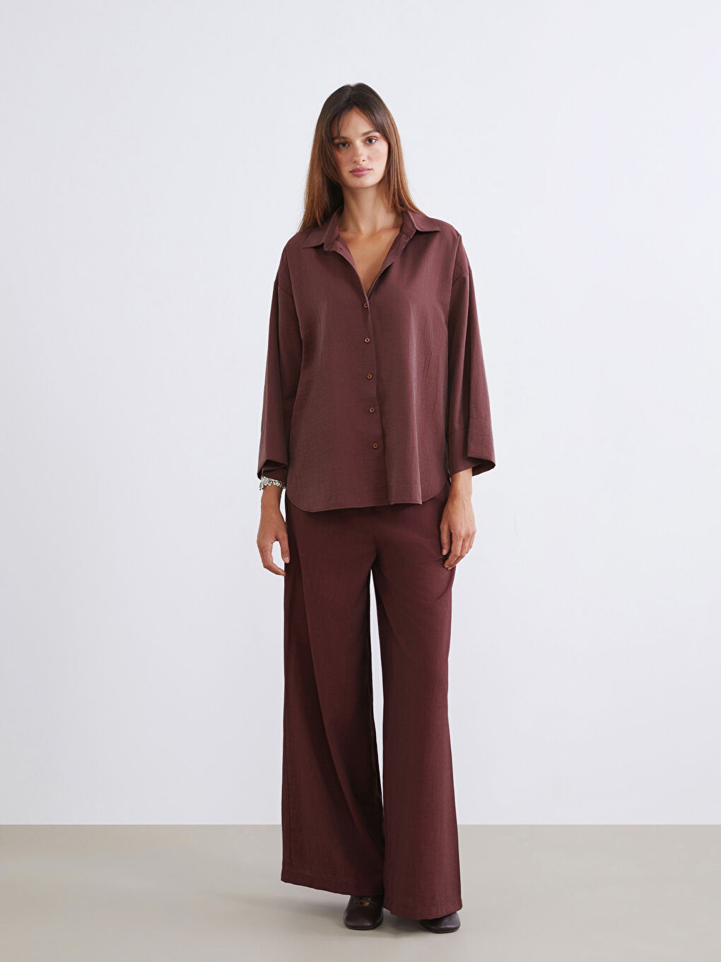 Kahverengi Loose Fit Kadın Gömlek-1