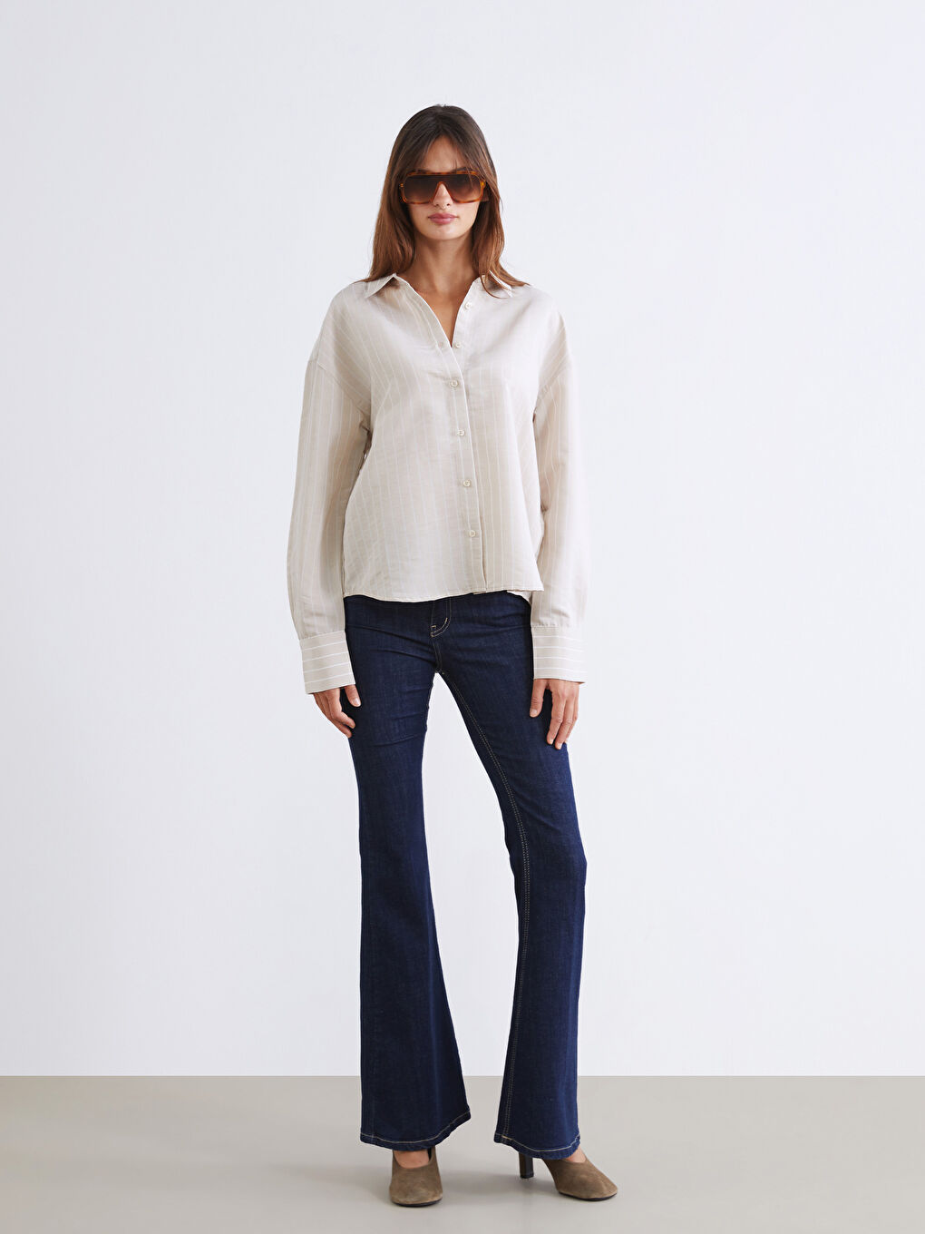 Bej Çizgili Poplin Kadın Gömlek-3