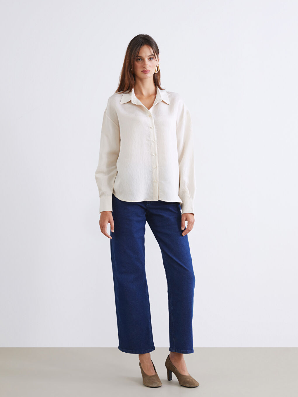 Bej Çizgili Poplin Kadın Gömlek-1