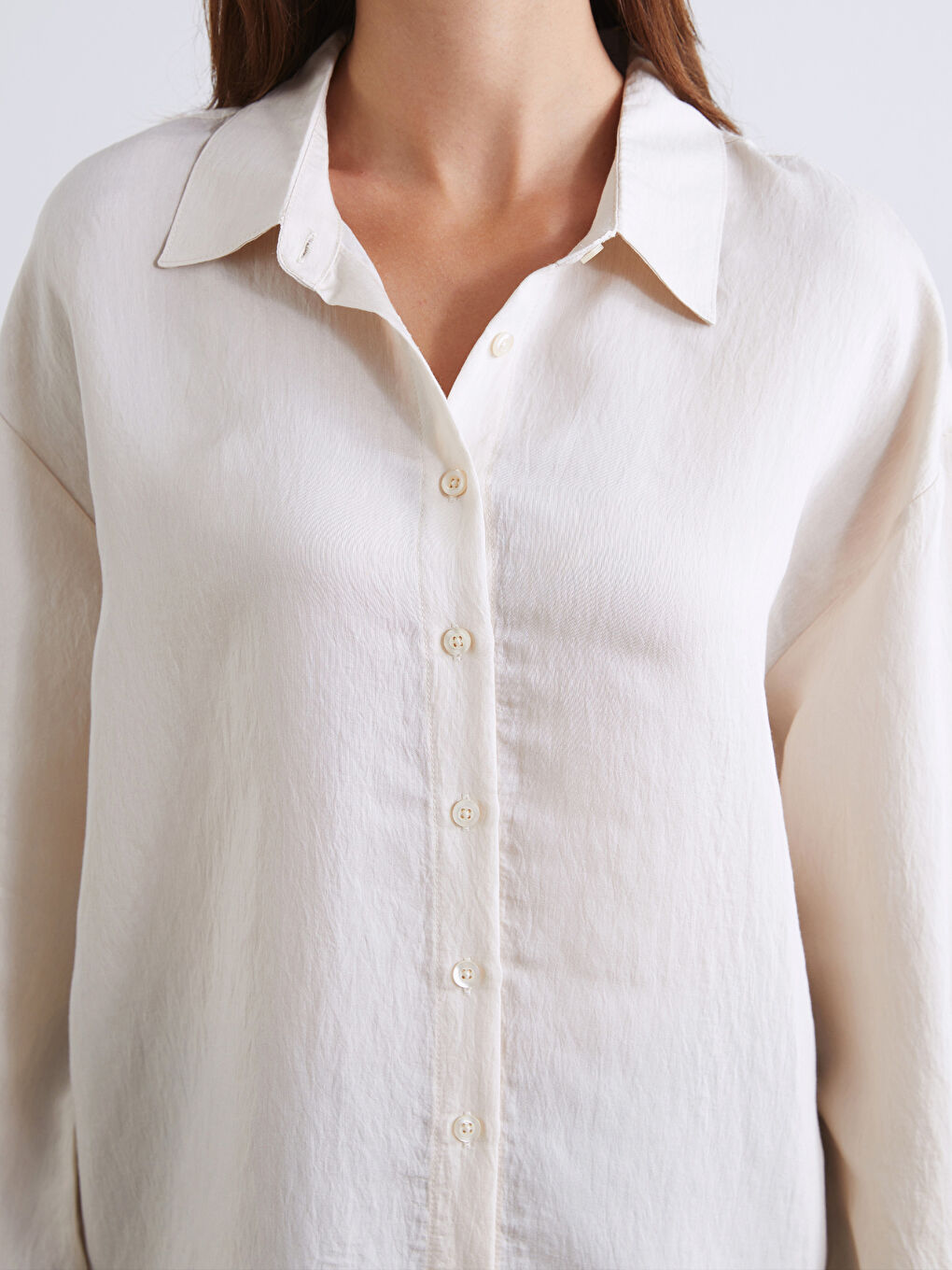 Bej Çizgili Poplin Kadın Gömlek-2