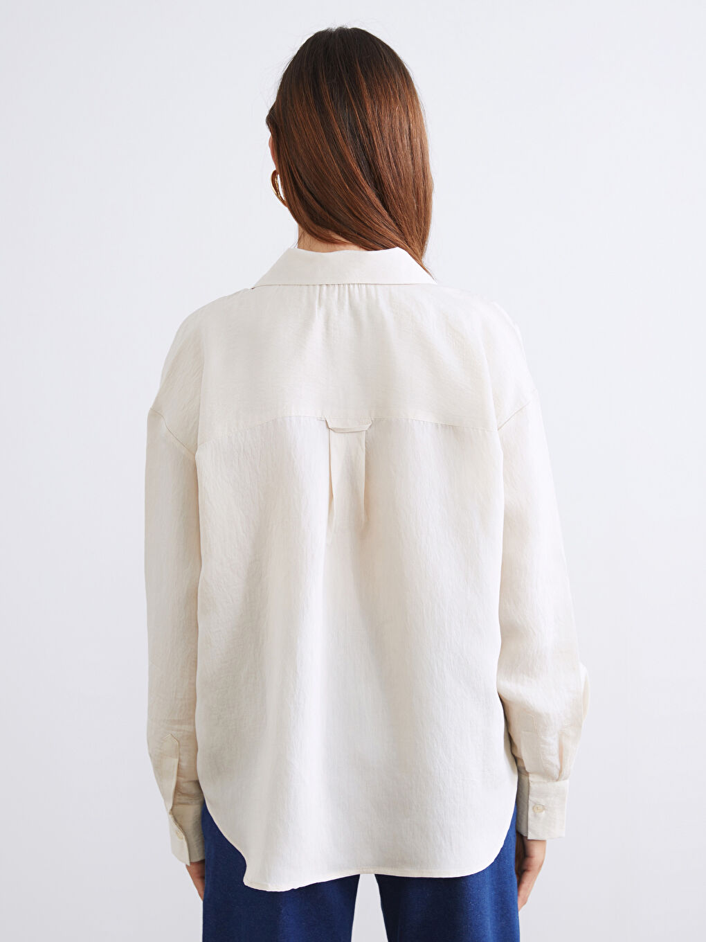 Bej Çizgili Poplin Kadın Gömlek-3