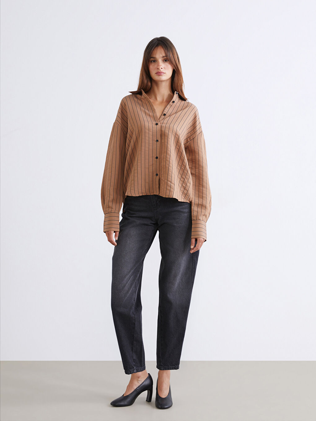 Kahverengi Çizgili Poplin Kadın Gömlek-1