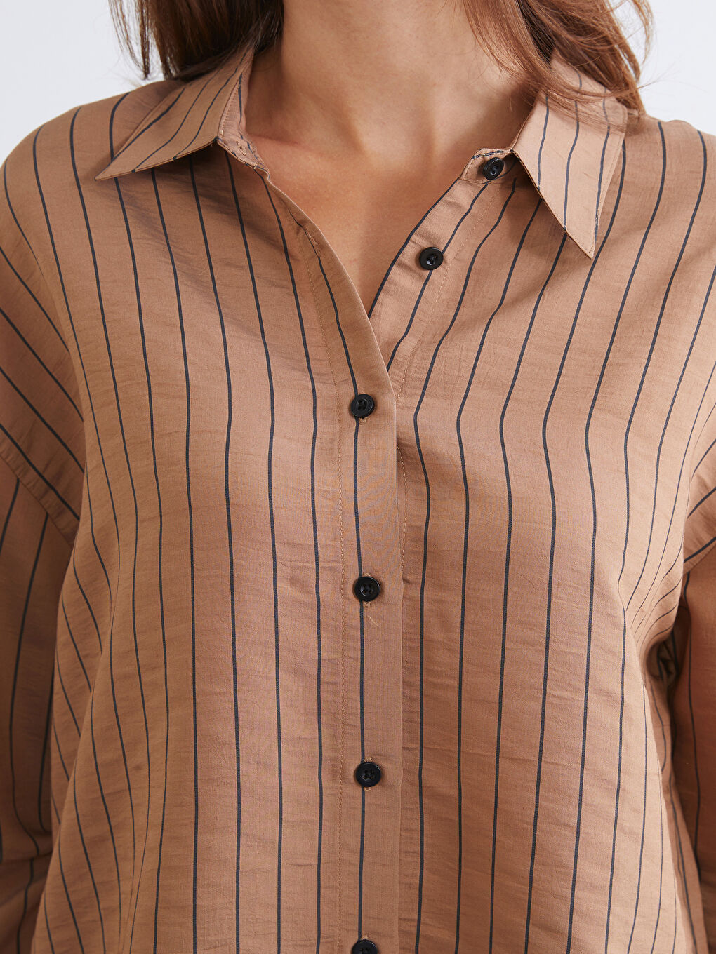 Kahverengi Çizgili Poplin Kadın Gömlek-2