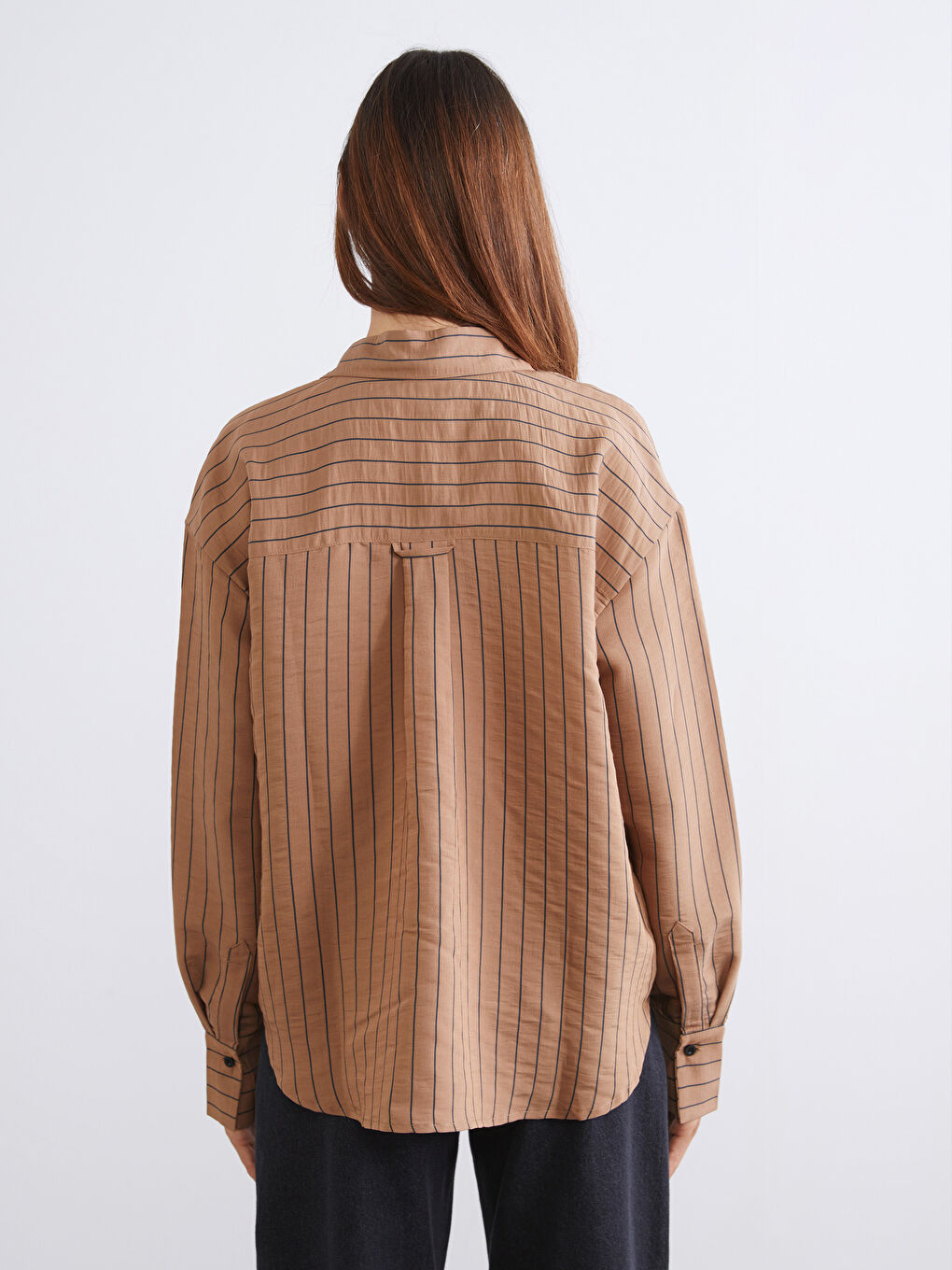 Kahverengi Çizgili Poplin Kadın Gömlek-3
