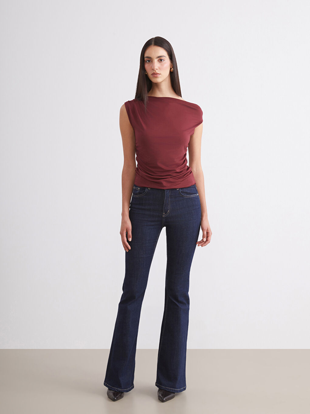 Bordo Kayık Yaka Büzgülü Bluz-1