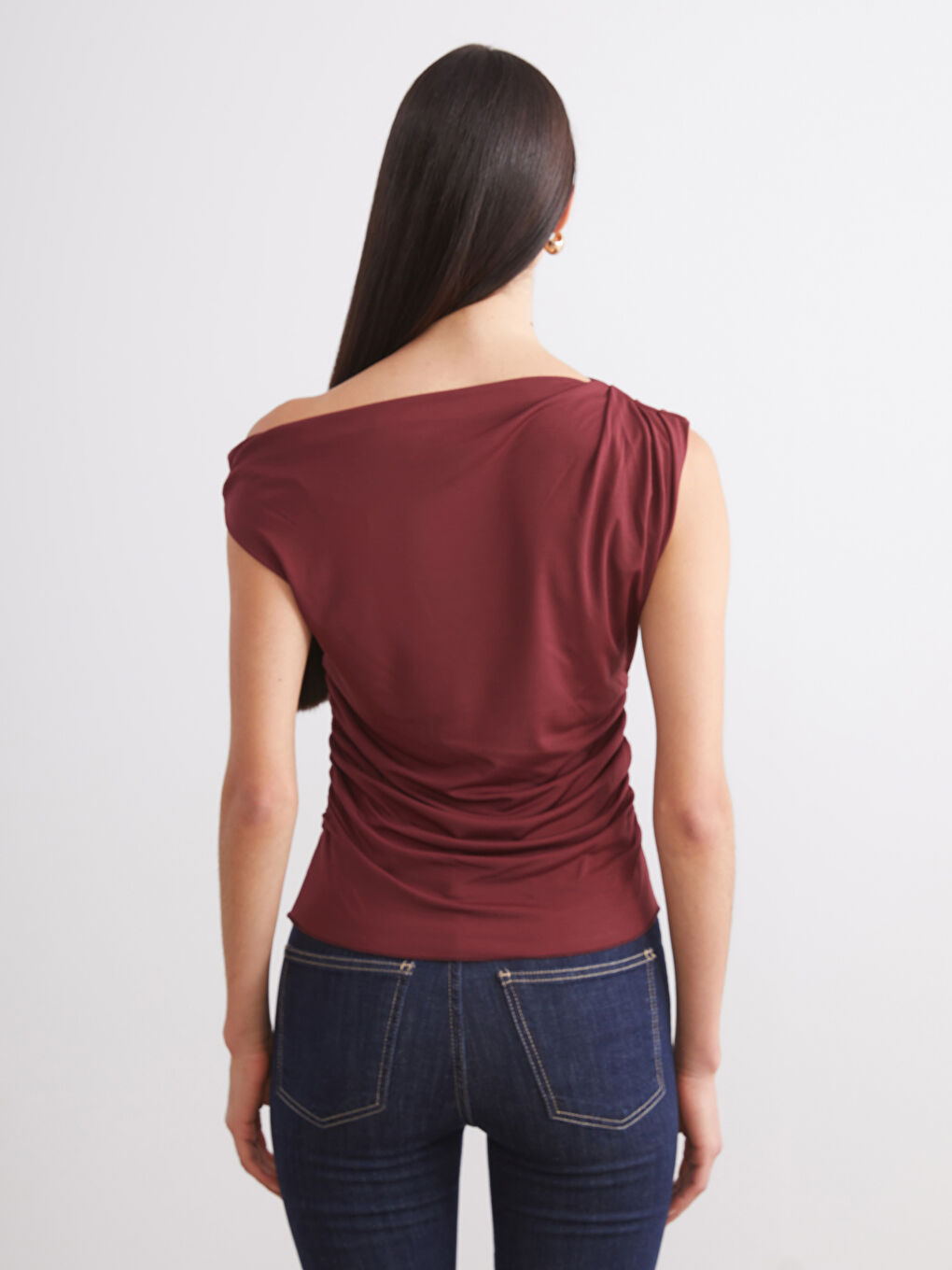 Bordo Kayık Yaka Büzgülü Bluz-3