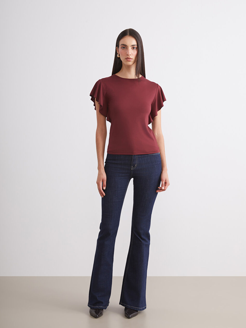 Bordo Bisiklet Yaka Kadın Tişört-1