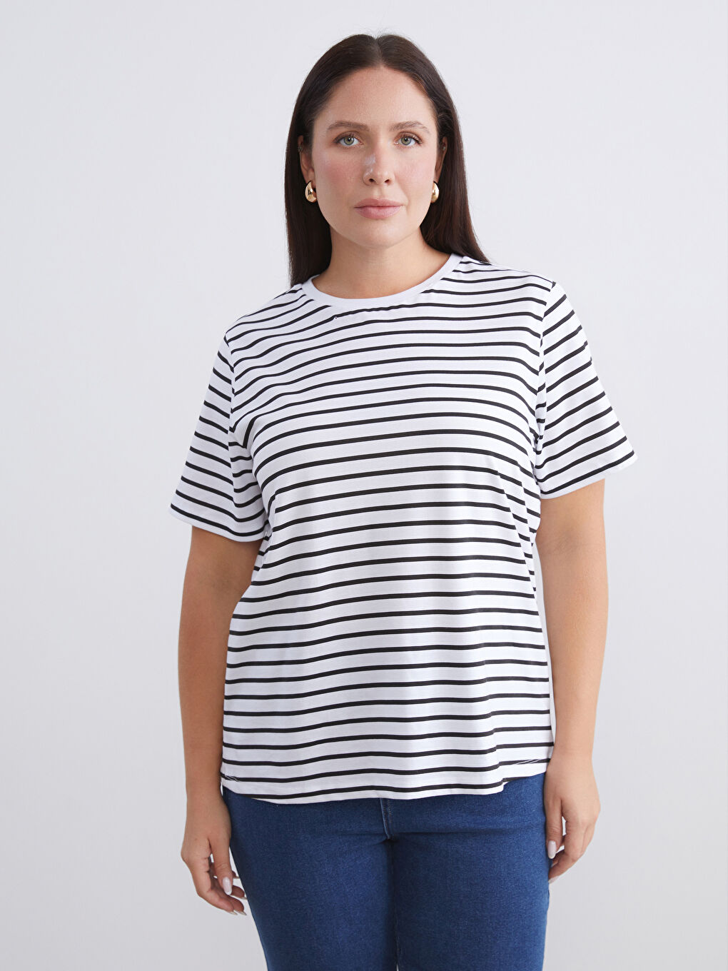 Siyah Büyük Beden Çizgili Kadın Tişört 2'li-1