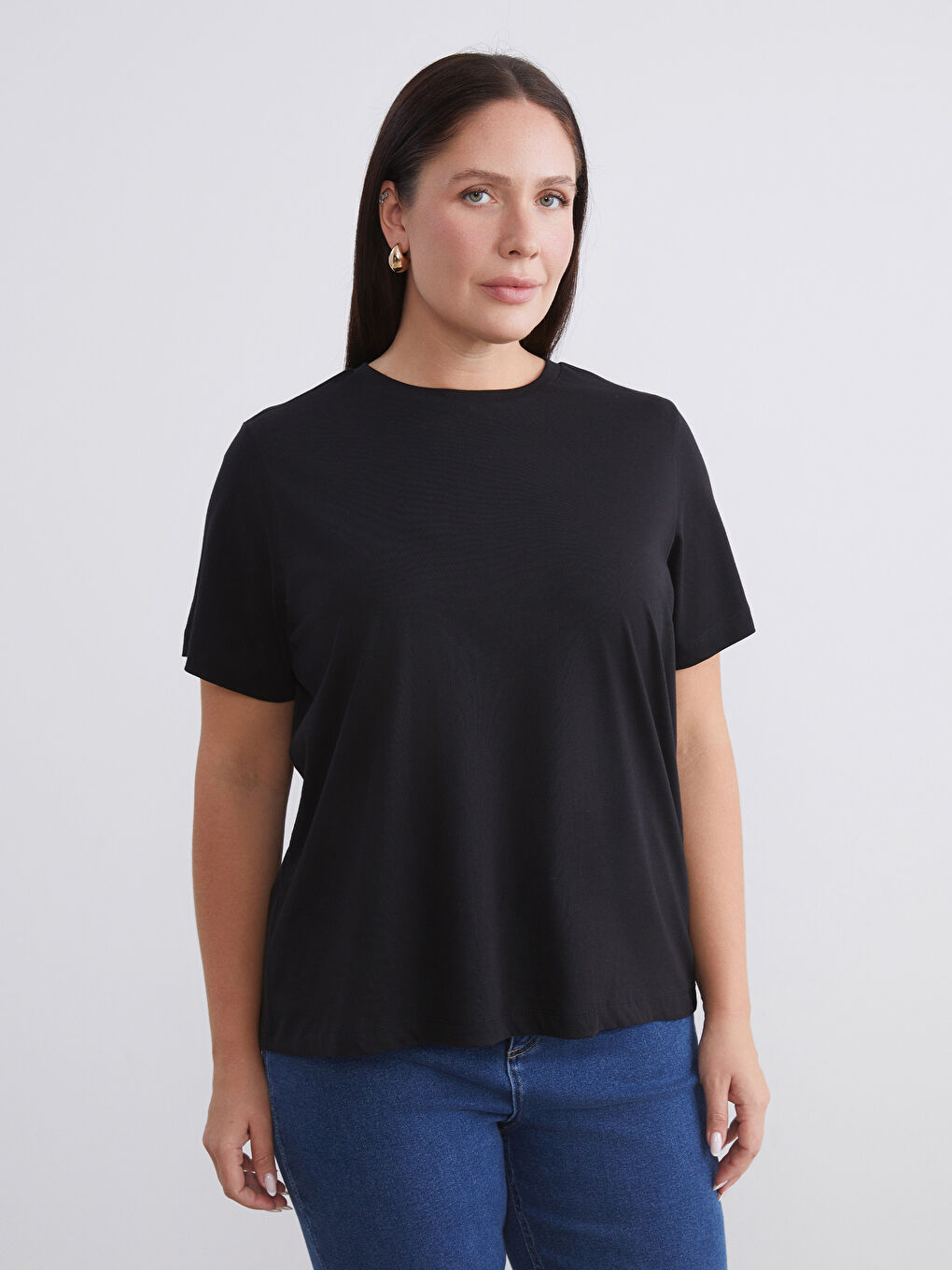 Siyah Büyük Beden Çizgili Kadın Tişört 2'li-2