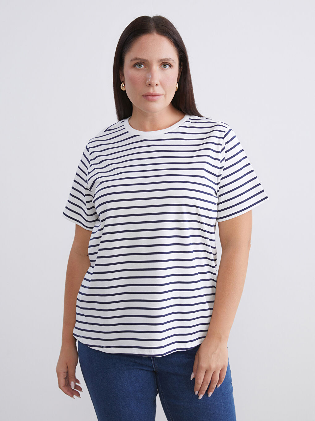 Bordo Büyük Beden Çizgili Kadın Tişört 2'li-1