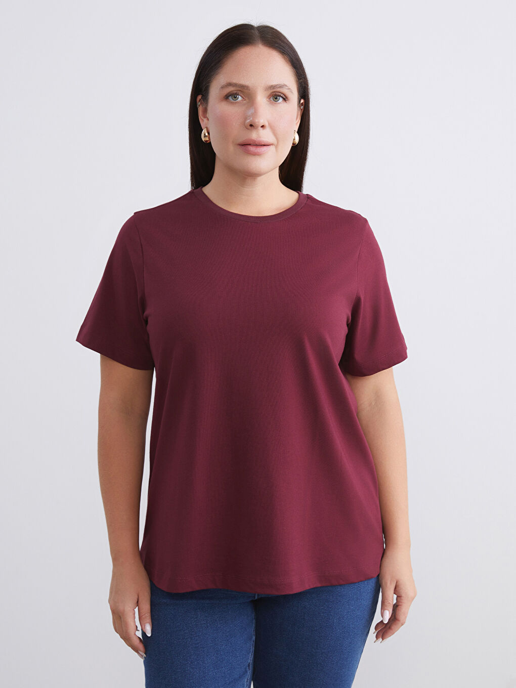 Bordo Büyük Beden Çizgili Kadın Tişört 2'li-2